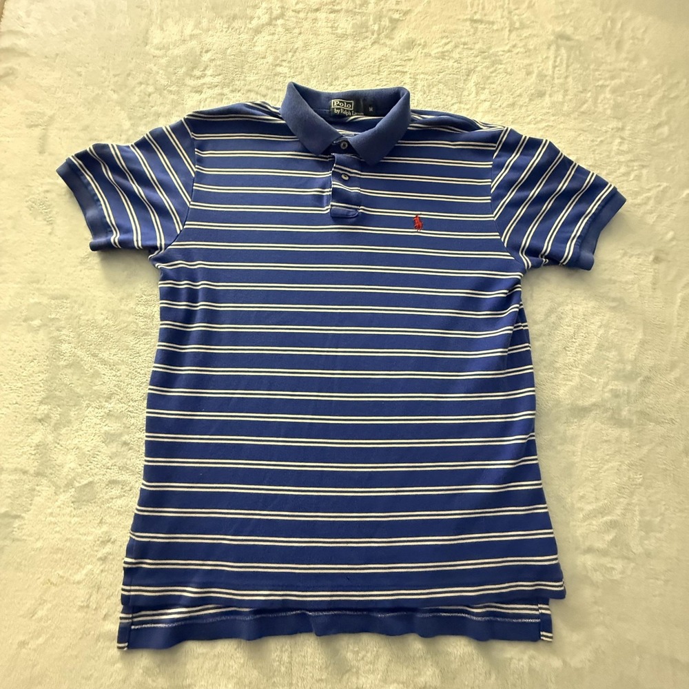 Polo Ralph Lauren Polo Shirt Mens Medium Blue Striped Short Sleeve Casual Pique